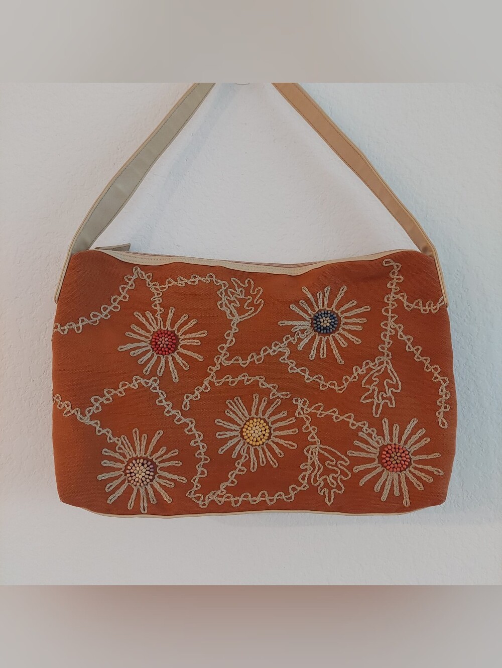 STONE MOUNTAIN Rust Orange Embroidered Beaded Floral Motifs Shoulder Purse Bag